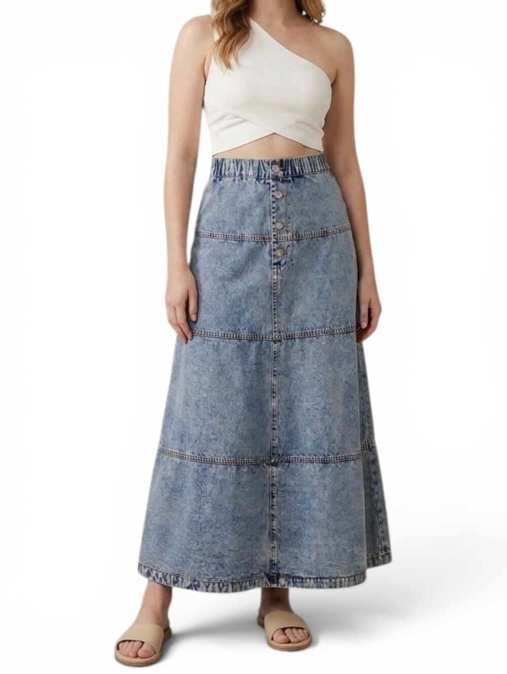 Blue Denim Maxi Skirt Small High-Waist Acid Wash Tiered Button Up Elastic Waist